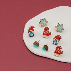 4 par de aretes de madera con estampado de copos de nieve&nbsp;EJEW-OY001-04