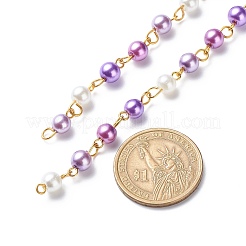 ハンドメイドガラスパールラウンドビーズチェーン  真鍮製アイピン付き  溶接されていない  青紫色  13x6mm  約3.28フィート（1m）/箱&nbsp;AJEW-SZ0002-40C