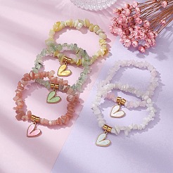 Thème de la Saint-Valentin en alliage et acrylique pierre de lune arc-en-ciel naturelle/jade citron/préhnite/quartz rose/pierre de soleil bracelet extensible avec breloque en forme de cœur&nbsp;BJEW-JB09579