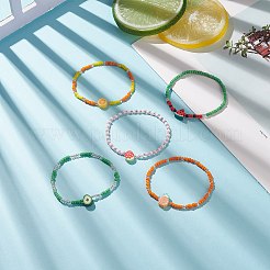 5 個 5 スタイル レモン & ストロベリー & スイカ ポリマー粘土 & ガラス シード ビーズ ストレッチ ブレスレット セット  女性のためのフルーツテーマジュエリー  ミックスカラー  内径：2インチ（5cm）  1個/スタイル&nbsp;BJEW-JB09102