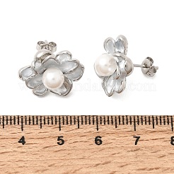 真鍮エナメルスタッドピアス  花  absプラスチックパール  カドミウムフリー＆鉛フリー  ラックめっき  長持ちメッキ  プラチナ  17x16.5mm&nbsp;KK-CBAB173-02B-P