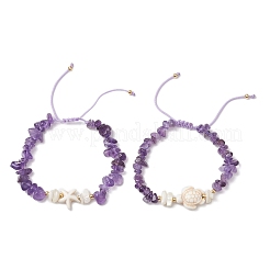 2 bracciale di perline intrecciate con chip di ametista naturale&nbsp;BJEW-JB11541-01