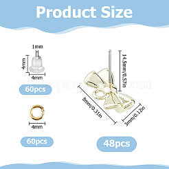 ラックメッキ合金スタッドピアス金具48個  スターリングシルバーのピン925本と水平ループ付き  カドミウムフリー＆鉛フリー  蝶結び  ジャンプリングとイヤーナット60個付き  ライトゴールド  8x14.5x3mm  穴：1.6mm  ピン：0.6mm&nbsp;FIND-HS0002-65