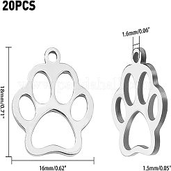 304ステンレススチール製ペットペンダント  手動研磨  犬の足跡  ステンレス鋼色  18x16x1.5mm  穴：1.6mm  20個/箱&nbsp;STAS-UN0007-09P