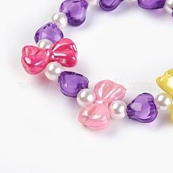 アクリルビーズキッズストレッチブレスレット  ちょう結び＆ハート＆ラウンド  パープル  1-5/8インチ（4.3cm）&nbsp;BJEW-JB03885-03