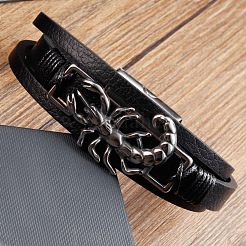 Pulseras multihilo de piel sintética negra y acero inoxidable 316L con diseño de ciempiés y cierres magnéticos para hombre.&nbsp;WG416ED-01