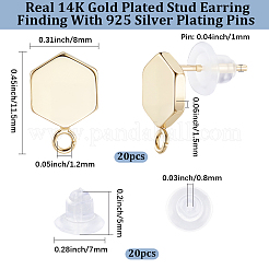 真鍮製スタッドピアスパーツ  カン付き  プラスチック製のピアスキャッチで  14KGP本金メッキ  六角  11.5x8x1.5mm  穴：1.2mm  ピン：1mm&nbsp;KK-BBC0028-29A