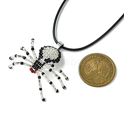 編み込みガラスシードビーズスパイダーペンダントネックレス  女性用ワックスコットンコードネックレス  ホワイト  19.69インチ（50cm）&nbsp;NJEW-MZ00036-01
