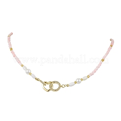 真鍮マイクロパヴェクリアキュービックジルコニアリング＆ハートペンダントネックレス  女性のためのシェルパールビーズネックレス  304ステンレススチールのロブスタークロウ留め金付き  ゴールドカラー  ピンク  19.09インチ（48.5cm）&nbsp;NJEW-MZ00075
