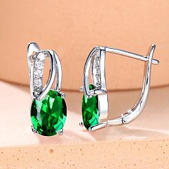 真鍮製キュービックジルコニアスタンドピアス  オーバル  プラチナ  グリーン  16x13mm&nbsp;WG92DFF-04