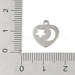 変色しない201ステンレススチールチャーム  月と星のチャームが付いたハート  ステンレス鋼色  13x13x1mm  穴：1.4mm&nbsp;STAS-C108-24P