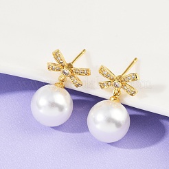 Серьги-гвоздики с бантом из латуни с микропаве из прозрачных кубических цирконий&nbsp;EJEW-F895-11G