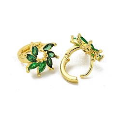 ブラスマイクロパヴェキュービックジルコニアフープピアス  18KGP本金メッキ  花  グリーン  13x13mm&nbsp;EJEW-C088-17G-02