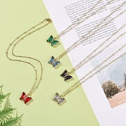 5個5色のガラスバタフライペンダントネックレスセット、304ステンレススチールサテライトチェーン付き、女性用  ミックスカラー  17.80インチ（45.2cm）  1pc /カラー&nbsp;NJEW-JN04146