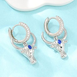 真鍮マイクロパヴェキュービックジルコニアダングルフープピアス  牛  エナメル  鉛フリー＆カドミウムフリー  長持ちメッキ  ラックめっき  プラチナ  30x17mm&nbsp;EJEW-G471-46P