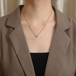 Квадратный кулон из нержавеющей стали с зеленым папоротником&nbsp;QK1004-1