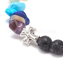 Pulsera elástica de chips de piedras preciosas naturales y sintéticas con cruz de aleación&nbsp;BJEW-JB08583