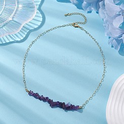 天然アメジストチップビブネックレス  女性用真鍮ハートリンクチェーンネックレス  ゴールドカラー  16.61インチ（42.2cm）&nbsp;NJEW-JN04950-05