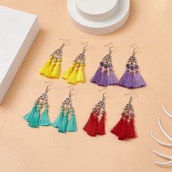 4 par de borlas de poliéster de 4 colores con aretes de candelabro con cuentas de vidrio&nbsp;EJEW-TA00183