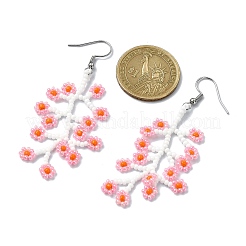 手作りシードダングルイヤリング  304ステンレススチールピアスフック付き  花  ステンレス鋼色  ピンク  70.5x17.5mm&nbsp;EJEW-MZ00229-01
