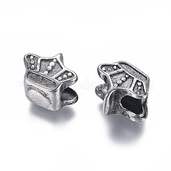 304ステンレススチールヨーロピアンビーズ  大穴ビーズ  クラウン  アンティークシルバー  10x12x8mm  穴：4~4.5mm&nbsp;STAS-I120-90AS