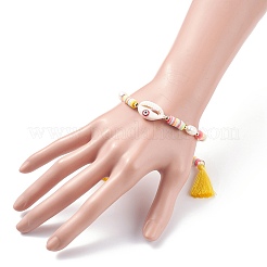 Браслет из натуральной ракушки с дурным глазом и жемчужными бусинами BJEW-TA00049-01