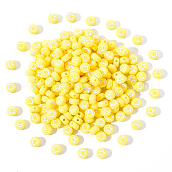Perline acrilico opaco, tondo piatto con cuore bianco e fiore e luna e stella, giallo champagne, 7x4mm, Foro: 1.6 mm, 200 pc / set
