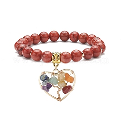Bracelet extensible en jaspe rouge naturel, yoga chakra mixte pierres précieuses chips coeur avec bracelet à breloques arbre pour femme, diamètre intérieur: 2-1/8 pouce (5.4 cm)