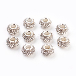 Perles européennes avec strass grade A, Perles avec un grand trou   , résine, avec noyau en laiton plaqué couleur argent, rondelle, cristal, 12x8mm, Trou: 4mm