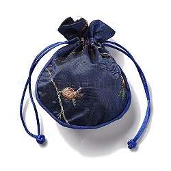 Sacchetti da imballaggio in broccato cinese, borse coulisse, rivestimento di colore casuale, quadrata con motivo floreale, blu notte, 14x11.7x0.2cm
