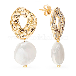 Boucles d'oreilles pendantes en argent sterling style 925 martelé, boucles d'oreilles en perles naturelles, plat rond, or, 35mm, pendentif: 14 mm de large