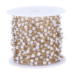 Chaînes de perles rondes en plastique ABS, avec chaînes porte-câbles en acier inoxydable doré 316, soudé, avec bobine, blanc crème, 3x2.5mm, environ 16.40 pied (5 m)/rouleau