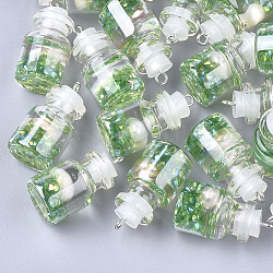 Pendenti bottiglia di vetro, con risultati di resina e perle e ferro, platino, verde chiaro, 28~29x15mm, Foro: 2 mm