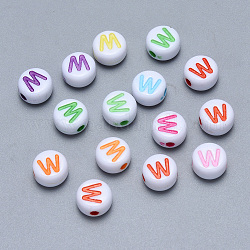 Perline di lettere con foro orizzontale acrilico artigianale, rotondo e piatto, colore misto, letter.w, 7x3.5~4mm, Foro: 1.5 mm