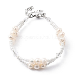 Bracelets de multi-brins, avec des perles en verre de graine, Perles de nacre naturelle, perles de verre et 304 fermoir à pince de homard en acier inoxydable, blanc, 7-5/8 pouce (19.5 cm)