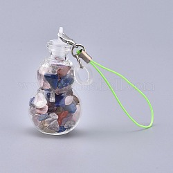 Verre transparent souhaitant la décoration de pendentif de bouteille, avec des éclats de pierre mélangés naturels à l'intérieur, bouchon en plastique, accessoires de corde en nylon et de fer, gourde, 111~130mm