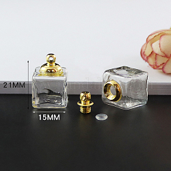 Pendenti per bottiglia di profumo apribile in vetro trasparente, con accessori di ottone, cuboide, chiaro, 21x15mm