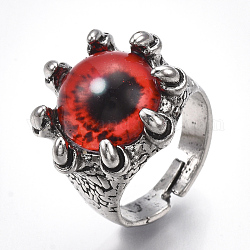 Einstellbare Fingerringe aus legiertem Glas, Breitbandringe, Drachenauge, Antik Silber Farbe, rot, Größe 8, 18 mm