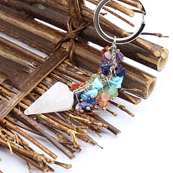 Porte-clés à breloque cône en cristal de quartz naturel, 7 thème chakras améthyste naturelle et aventurine verte et cornaline et citrine et lapis-lazuli et jaspe rouge et turquoise synthétique cluster pompon porte-clés, 8.5 cm