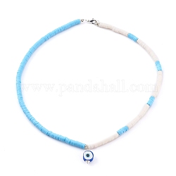 Colliers pendentif mauvais œil en pâte polymère, perles heishi, avec fermoirs mousquetons en laiton  , couleur argentée, lumière bleu ciel, 16.54 pouce (42 cm)