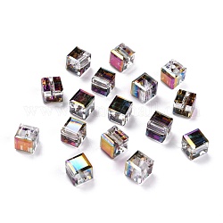 Electroplate cuentas de vidrio transparentes, cubo facetas, arco iris chapado, púrpura, 6x6x6mm, agujero: 1.8 mm