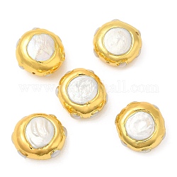 Perle keshi naturali in stile barocco, placcato di lunga durata, con bordo in ottone dorato, rotondo e piatto, colore conchiglia, 26~29x26~27x17.5~19mm, Foro: 1.6 mm