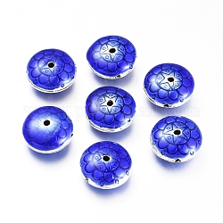 Cuentas de gurú de aleación de 3 agujero, con esmalte, redondo plano con estampado de flores y estrellas, plata antigua, azul, 17.5x8.5mm, agujero: 2.5 y 2 mm
