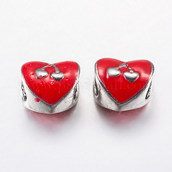Legierung Schmelz europäischen Perlen, Großloch perlen, Herz mit Kirsche, Platin Farbe, rot, 10x10x7.5 mm, Bohrung: 5 mm