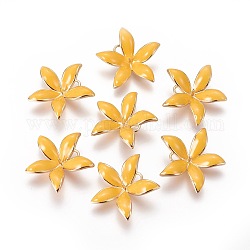 Messing Emaille Peg Bails Anhänger, für die Hälfte gebohrt Perlen, Nickelfrei, Blume, echtes 18k vergoldet, golden, 23x24x6 mm, Bohrung: 2 mm, Stift: 1 mm