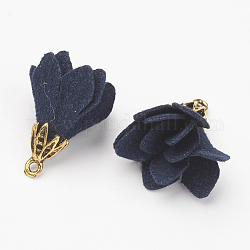 Décorations pendentif en velours, fleur, avec les accessoires en alliage, Or antique, bleu de Prusse, 23.5x8mm, Trou: 1.5mm