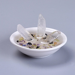 Natural Quartz Crystal Home Display Decorations, with Natural Mixed Gemstone Chip Beads, Porcelain Base and Resin, 71.5x42.5~46.5mm