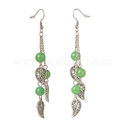 Boucles d'oreilles pendantes en perles de jade de malaisie naturelle, boucles d'oreilles lustre en alliage de feuilles, 94~96mm, pin: 0.6 mm