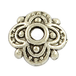 4 -petal tibetischen Stil Legierung Blume Perlenkappen, cadmiumfrei und bleifrei, Antik Silber Farbe, 8x8x2 mm, Bohrung: 2 mm