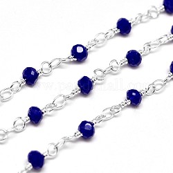 Electroplate Brass Glass Beads Handmade Chains, Unwelded, with Spool, Lead Free & Nickel Free, Dark Blue, 11x4mm